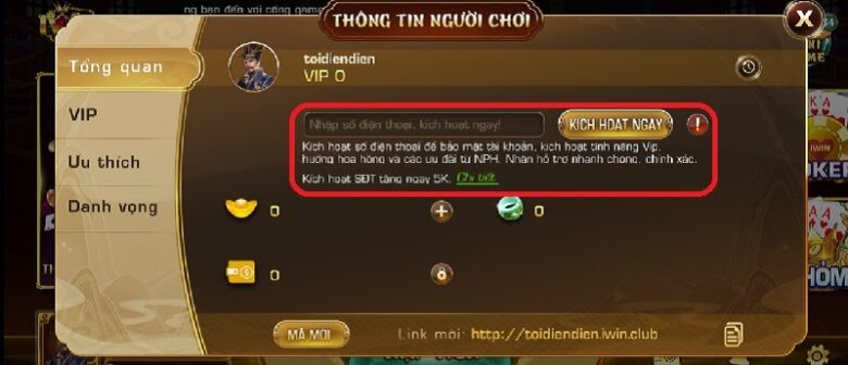 Kích hoạt số điện thoại tặng tiền tại IWIN