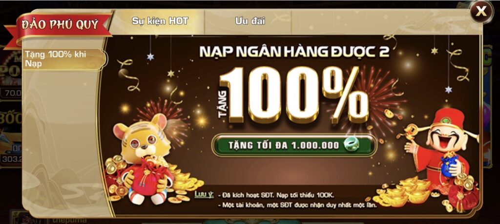 Tặng 100% giá trị nạp đầu tại IWIN68